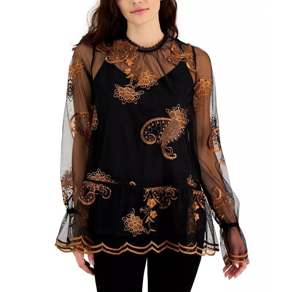 NWT New Fever Embroidered Mesh Long Sleeve Black Gold Top Blouse Size XS